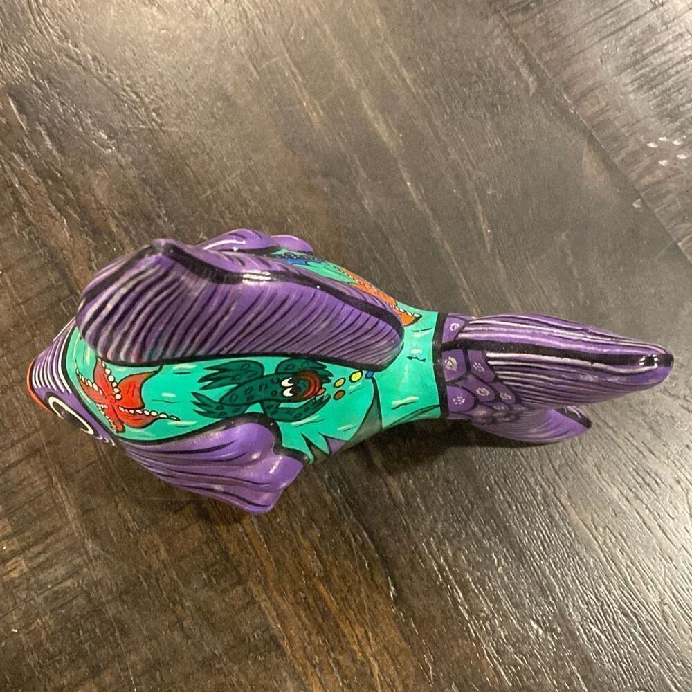 Fish Mexican Hand Painted Terracotta Pottery Purple Green Coastal Beach Decor - Picture 4 of 7